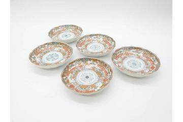 幕末　古伊万里　金彩　色絵　約12cm　3.8寸　煌びやかな絵付けが素敵な小皿5枚セット(獅子、松竹、和食器、深皿、和皿、三寸八分)(R-070408)