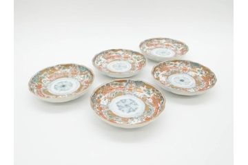 幕末　古伊万里　金彩　色絵　約12cm　3.8寸　煌びやかな絵付けが素敵な小皿5枚セット(獅子、松竹、和食器、深皿、和皿、三寸八分)(R-070408)