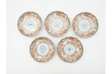 幕末　古伊万里　金彩　色絵　約12cm　3.8寸　煌びやかな絵付けが素敵な小皿5枚セット(獅子、松竹、和食器、深皿、和皿、三寸八分)(R-070408)
