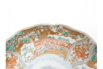 幕末　古伊万里　金彩　色絵　約12cm　3.8寸　煌びやかな絵付けが素敵な小皿5枚セット(獅子、松竹、和食器、深皿、和皿、三寸八分)(R-070408)