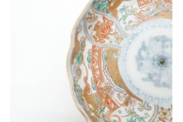 幕末　古伊万里　金彩　色絵　約12cm　3.8寸　煌びやかな絵付けが素敵な小皿5枚セット(獅子、松竹、和食器、深皿、和皿、三寸八分)(R-070408)