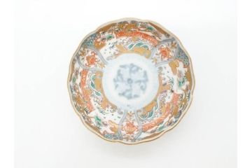 幕末　古伊万里　金彩　色絵　約12cm　3.8寸　煌びやかな絵付けが素敵な小皿5枚セット(獅子、松竹、和食器、深皿、和皿、三寸八分)(R-070408)
