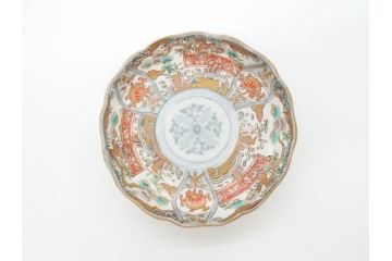 幕末　古伊万里　金彩　色絵　約12cm　3.8寸　煌びやかな絵付けが素敵な小皿5枚セット(獅子、松竹、和食器、深皿、和皿、三寸八分)(R-070408)