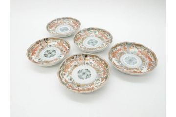 幕末　古伊万里　金彩　色絵　約12cm　3.8寸　煌びやかな絵付けが素敵な小皿5枚セット(獅子、松竹、和食器、深皿、和皿、三寸八分)(R-070409)