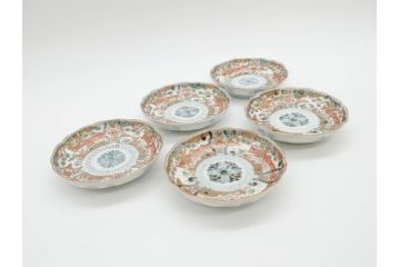 幕末　古伊万里　金彩　色絵　約12cm　3.8寸　煌びやかな絵付けが素敵な小皿5枚セット(獅子、松竹、和食器、深皿、和皿、三寸八分)(R-070409)