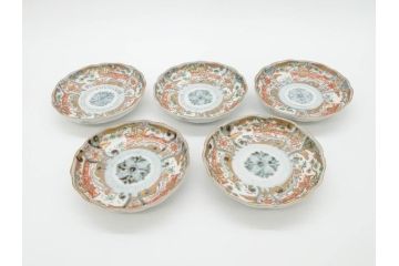 幕末　古伊万里　金彩　色絵　約12cm　3.8寸　煌びやかな絵付けが素敵な小皿5枚セット(獅子、松竹、和食器、深皿、和皿、三寸八分)(R-070409)