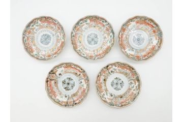 幕末　古伊万里　金彩　色絵　約12cm　3.8寸　煌びやかな絵付けが素敵な小皿5枚セット(獅子、松竹、和食器、深皿、和皿、三寸八分)(R-070409)