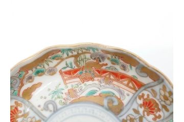 幕末　古伊万里　金彩　色絵　約12cm　3.8寸　煌びやかな絵付けが素敵な小皿5枚セット(獅子、松竹、和食器、深皿、和皿、三寸八分)(R-070409)