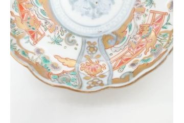 幕末　古伊万里　金彩　色絵　約12cm　3.8寸　煌びやかな絵付けが素敵な小皿5枚セット(獅子、松竹、和食器、深皿、和皿、三寸八分)(R-070409)