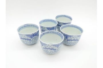 江戸期　古伊万里　染付　線描　松竹梅文　繊細なデザインと清涼感溢れるそば猪口5客セット(蕎麦猪口、湯呑、湯のみ、和食器)(R-070411)