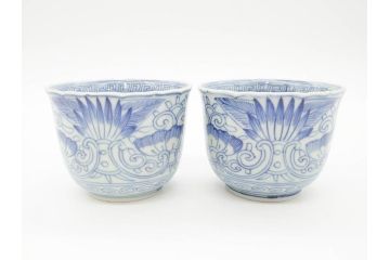 江戸期　古伊万里　染付　線描　松竹梅文　繊細なデザインと清涼感溢れるそば猪口5客セット(蕎麦猪口、湯呑、湯のみ、和食器)(R-070411)