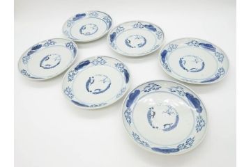 江戸期　古伊万里　染付　松竹梅文　約19cm　6.3寸　落ち着きのある雰囲気と松竹梅のデザインが素敵な中皿6枚セット(和皿、和食器、六寸三分)(R-070413)