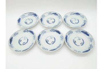 江戸期　古伊万里　染付　松竹梅文　約19cm　6.3寸　落ち着きのある雰囲気と松竹梅のデザインが素敵な中皿6枚セット(和皿、和食器、六寸三分)(R-070413)