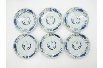 江戸期　古伊万里　染付　松竹梅文　約19cm　6.3寸　落ち着きのある雰囲気と松竹梅のデザインが素敵な中皿6枚セット(和皿、和食器、六寸三分)(R-070413)