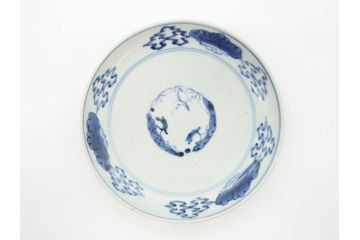 江戸期　古伊万里　染付　松竹梅文　約19cm　6.3寸　落ち着きのある雰囲気と松竹梅のデザインが素敵な中皿6枚セット(和皿、和食器、六寸三分)(R-070413)