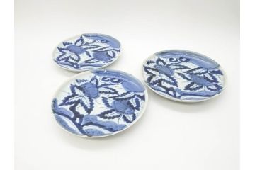 江戸期　古伊万里　染付　栗図　7.4寸　約23cm　藍色の濃淡が魅力的な中皿3枚セット(和食器、和皿、七寸四分)(R-070414)