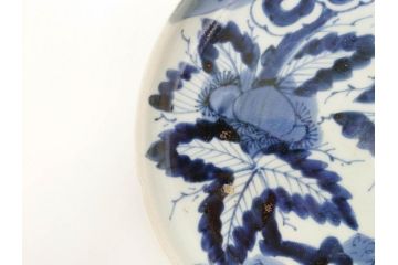 江戸期　古伊万里　染付　栗図　7.4寸　約23cm　藍色の濃淡が魅力的な中皿3枚セット(和食器、和皿、七寸四分)(R-070414)