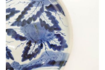 江戸期　古伊万里　染付　栗図　7.4寸　約23cm　藍色の濃淡が魅力的な中皿3枚セット(和食器、和皿、七寸四分)(R-070414)