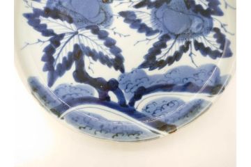 江戸期　古伊万里　染付　栗図　7.4寸　約23cm　藍色の濃淡が魅力的な中皿3枚セット(和食器、和皿、七寸四分)(R-070414)