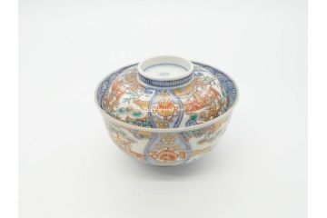 江戸期　古伊万里　金彩　色絵　約12cm　3.8寸　一つ一つ丁寧に絵付けされた豪華な蓋付き茶碗3客セット(獅子、松竹、和食器、三寸八分)(R-070415)