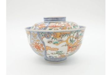 江戸期　古伊万里　金彩　色絵　約12cm　3.8寸　一つ一つ丁寧に絵付けされた豪華な蓋付き茶碗3客セット(獅子、松竹、和食器、三寸八分)(R-070415)