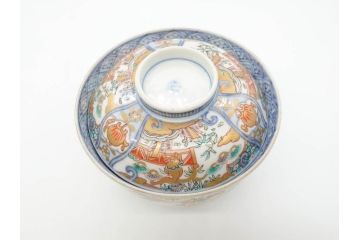 江戸期　古伊万里　金彩　色絵　約12cm　3.8寸　一つ一つ丁寧に絵付けされた豪華な蓋付き茶碗3客セット(獅子、松竹、和食器、三寸八分)(R-070415)