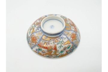 江戸期　古伊万里　金彩　色絵　約12cm　3.8寸　一つ一つ丁寧に絵付けされた豪華な蓋付き茶碗3客セット(獅子、松竹、和食器、三寸八分)(R-070415)