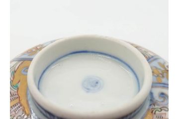 江戸期　古伊万里　金彩　色絵　約12cm　3.8寸　一つ一つ丁寧に絵付けされた豪華な蓋付き茶碗3客セット(獅子、松竹、和食器、三寸八分)(R-070415)