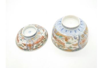 江戸期　古伊万里　金彩　色絵　約12cm　3.8寸　一つ一つ丁寧に絵付けされた豪華な蓋付き茶碗3客セット(獅子、松竹、和食器、三寸八分)(R-070415)