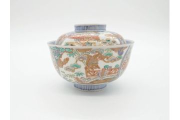 江戸期　古伊万里　金彩　色絵　約12cm　3.8寸　一つ一つ丁寧に絵付けされた豪華な蓋付き茶碗3客セット(獅子、松竹、和食器、三寸八分)(R-070416)