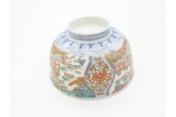 江戸期　古伊万里　金彩　色絵　約12cm　3.8寸　一つ一つ丁寧に絵付けされた豪華な蓋付き茶碗3客セット(獅子、松竹、和食器、三寸八分)(R-070416)
