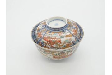 江戸期　古伊万里　金彩　色絵　約12cm　3.8寸　一つ一つ丁寧に絵付けされた豪華な蓋付き茶碗3客セット(獅子、松竹、和食器、三寸八分)(R-070417)