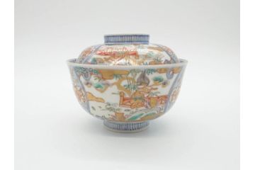 江戸期　古伊万里　金彩　色絵　約12cm　3.8寸　一つ一つ丁寧に絵付けされた豪華な蓋付き茶碗3客セット(獅子、松竹、和食器、三寸八分)(R-070417)