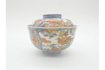 江戸期　古伊万里　金彩　色絵　約12cm　3.8寸　一つ一つ丁寧に絵付けされた豪華な蓋付き茶碗3客セット(獅子、松竹、和食器、三寸八分)(R-070417)