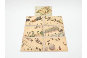 東京図案印刷社製　H・Kサイン　「飛行機から」　上空より見た街景図　絵ハガキ7枚セット(葉書き、はがき)(R-070418)