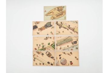 東京図案印刷社製　H・Kサイン　「飛行機から」　上空より見た街景図　絵ハガキ7枚セット(葉書き、はがき)(R-070418)