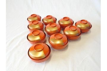 金蒔絵　木製　鷲　鯉　縁起の良い色合いが目を惹く吸物椀10客セット(漆器、お椀、和食器、山)(R-070422)