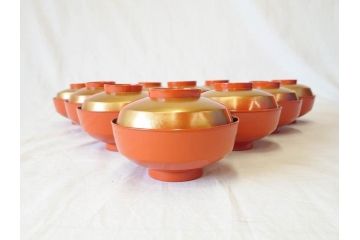 金蒔絵　木製　鷲　鯉　縁起の良い色合いが目を惹く吸物椀10客セット(漆器、お椀、和食器、山)(R-070422)