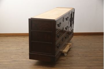 中古　志太民芸家具　天板リメイク　美しい杢目が上質な和の雰囲気を演出するローチェスト(サイドボード、サイドチェスト、ローボード、和箪笥、収納箪笥、整理タンス、引き出し、テレビ台、テレビボード)(R-070427)
