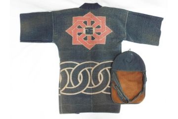 明治期　刺し子　半纏&頭巾セット(刺子、古布、消防、火消、帽子)(R-070477)