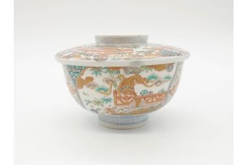 幕末〜明治期　伊万里　金彩　約13cm　4.3寸　華やかな色絵が食卓に彩を与える蓋付き茶碗3客セット(獅子、松竹、和食器、四寸三分)(R-070488)