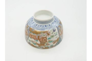 幕末〜明治期　伊万里　金彩　約13cm　4.3寸　華やかな色絵が食卓に彩を与える蓋付き茶碗3客セット(獅子、松竹、和食器、四寸三分)(R-070488)