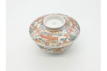 幕末〜明治期　伊万里　金彩　約13cm　4.3寸　華やかな色絵が食卓に彩を与える蓋付き茶碗3客セット(獅子、松竹、和食器、四寸三分)(R-070488)