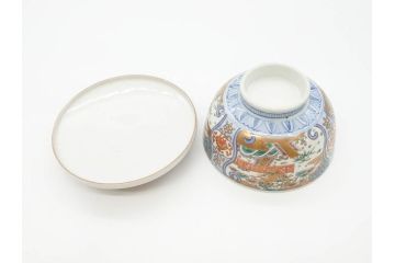 幕末〜明治期　伊万里　金彩　約13cm　4.3寸　華やかな色絵が食卓に彩を与える蓋付き茶碗3客セット(獅子、松竹、和食器、四寸三分)(R-070488)