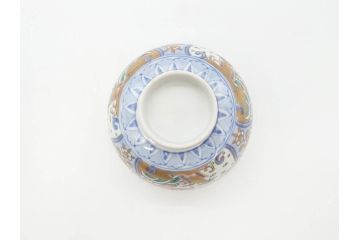 幕末〜明治期　伊万里　金彩　約14cm　4.4寸　華やかな色絵が食卓に彩を与える蓋付き茶碗3客セット(獅子、松竹、和食器、四寸四分)(R-070489)