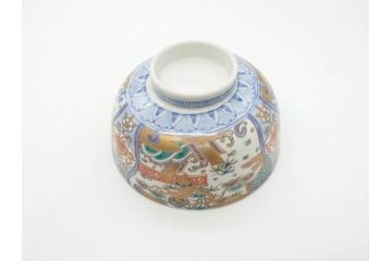 幕末〜明治期　伊万里　金彩　約14cm　4.4寸　華やかな色絵が食卓に彩を与える蓋付き茶碗3客セット(獅子、松竹、和食器、四寸四分)(R-070489)