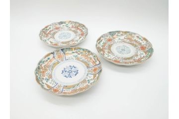 幕末期　伊万里　色絵　染付　約22cm　7寸　煌びやかな金彩が魅力的な中皿3枚セット(獅子、松竹、和食器、七寸)(R-070490)