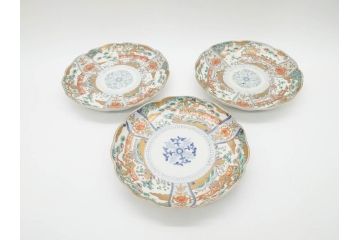 幕末期　伊万里　色絵　染付　約22cm　7寸　煌びやかな金彩が魅力的な中皿3枚セット(獅子、松竹、和食器、七寸)(R-070490)