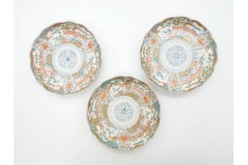 幕末期　伊万里　色絵　染付　約22cm　7寸　煌びやかな金彩が魅力的な中皿3枚セット(獅子、松竹、和食器、七寸)(R-070491)