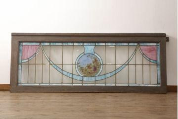 アンティーク建具　特大!!　イギリスより買い付け　オーク材　レトロな雰囲気のステンドグラスドアと明かり取りのセット(親子ドア、ステンドガラス、ガラス扉、明り取り、建具、英国)(R-070524)